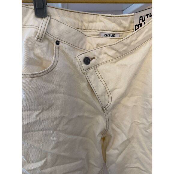 Future Collective Denim - White asymmetrical waist slim barrel white/cream jeans Future Collective 12 NWT